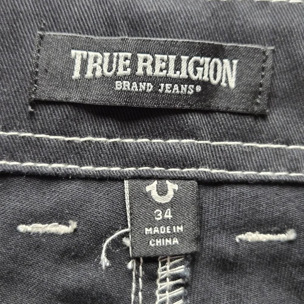 True Religion Cargo Pants Mens 34x31 Black Contrast Stitch Denim Pockets Casual